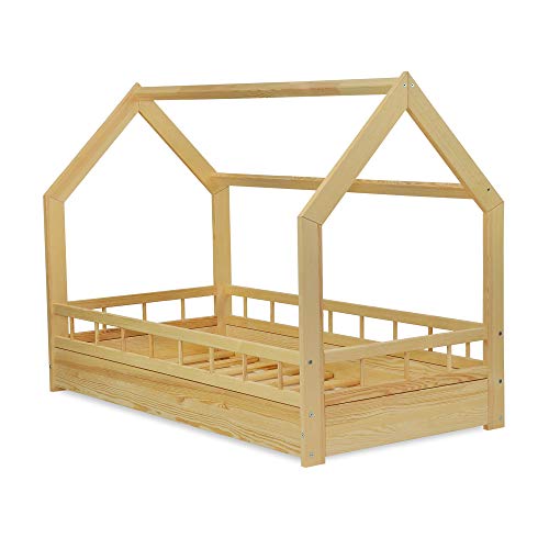 MS FACTORY Cama Infantil de Madera Pino - Cama Montessori Forma de Casa 80x160 cm para Niño y Niña - Barandilla Seguridad, Lamas Somier - Natural