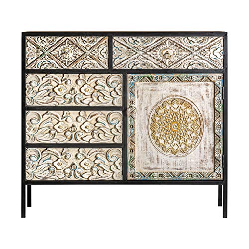 - Mueble Auxiliar - Aparadores Estilo Oriental - Aparador Jaipur Hierro/Madera 1 Puerta 5 Cajones (100x35x90)
