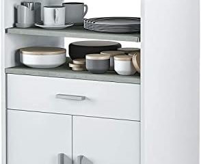 Mueble Auxiliar de Cocina con Ruedas, Mueble Microondas, Armario con 1 Cajón y 2 Puertas, Acabado en Blanco Artik y Cemento, Medidas: 59 cm (Ancho) x 92 cm (Alto) x 40 cm (Fondo)