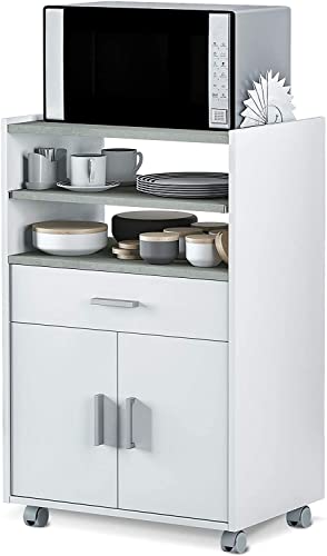 Mueble Auxiliar de Cocina con Ruedas, Mueble Microondas, Armario con 1 Cajón y 2 Puertas, Acabado en Blanco Artik y Cemento, Medidas: 59 cm (Ancho) x 92 cm (Alto) x 40 cm (Fondo)