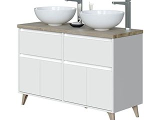 Mueble de Baño con 4 Puertas y 2 Cajones, Modulo Lavabo, Modelo ONA, Acabado en Blanco Brillo y Roble Alaska, Medidas: 120 cm (Ancho) x 80 cm (Alto) x 46 cm (Fondo)