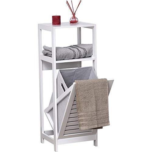 Mueble de madera blanco con cesto para ropa sucia.