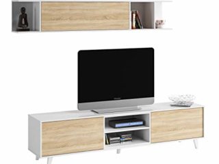 Mueble de salón, Comedor, Módulo TV + Estante, Modelo Zaiken Plus, Color Blanco Brillo y Roble Canadian, Medidas: 180 cm (Ancho) x 51 (Alto) x 41 cm (Fondo)