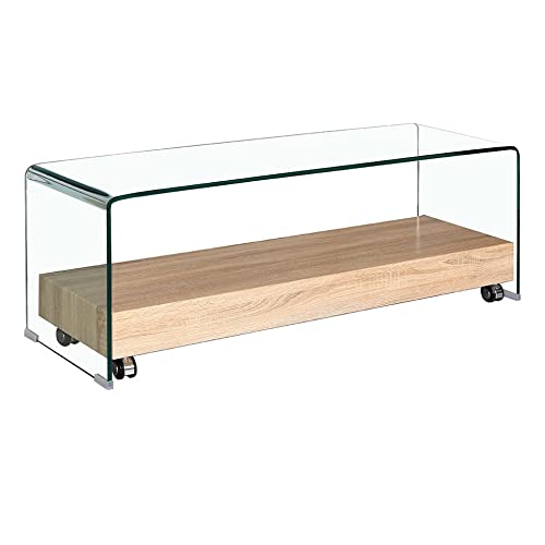 Mueble de TV de cristal transparente – Bandeja con base de madera decorativa de roble – Diseño moderno – Ice
