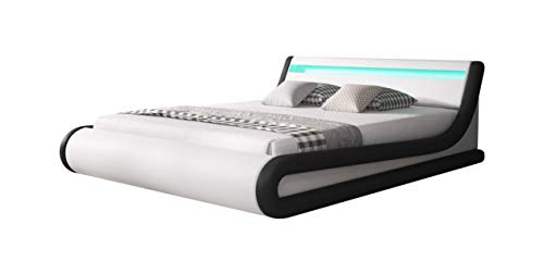 Muebles Bonitos | Cama Canapé Abatible de Matrimonio para Colchón de 160x200cm | Cama Moderna Parisina | con Somier de Láminas | Diseño Italiano con LED Multicolor RGB | Color Blanco y Negro