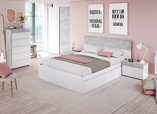 Muebles Dormitorio Matrimonio Completo Color Blanco y Cemento (Cama + cabecero + cómoda + Armario) SOMIER Incluido