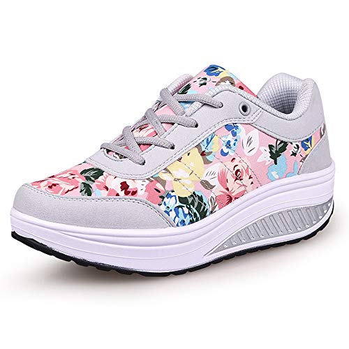 Mujer Adelgazar Zapatos Sneakers para Caminar Zapatillas Aptitud Cuña Plataforma Zapatos（37,5 Gris Rosa