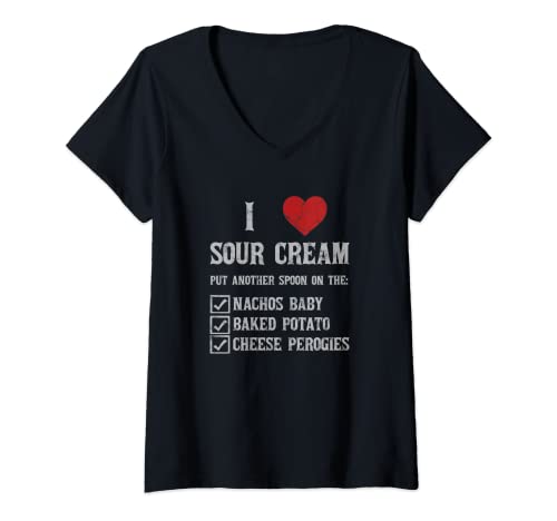 Mujer Funny Nachos, Perogies Papa al Horno Crema Agria Regalo Amante Camiseta Cuello V