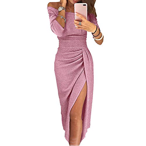 Mujer Lentejuelas Vestido Noche Falda Fuera de Hombro Cintura Alta División Lápiz sin Tirantes Ceremonia Boda Cóctel Noche Dress (Rosado, S)