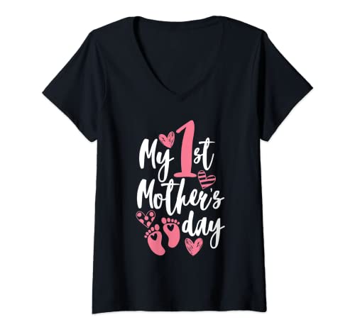 Mujer My First Mother Day - Camisa para el día de la madre con huella de corazón Camiseta Cuello V