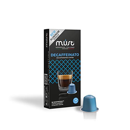 MUST 100 Cápsulas de Café en Aluminio 100% Reciclable Hasta el Infinito Mezcla Descafeinado Intensidad 3/8 10 Paquete de 10 Cápsulas Compatibles con las Cápsulas de la Máquina Nespresso Made in Italy