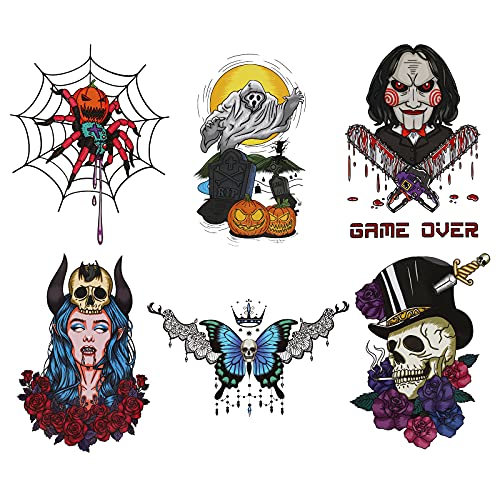 MWOOT 6 Hojas Juego de Parches de Calcomanías de Transferencia Hierro de Halloween, Apliques Decoración de Disfraz Araña Fantasma Calavera, Pegatinas Transferencia de Calor para Camiseta Ropa Jeans