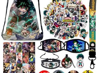 My Hero Academia Set -1 bolsa con cordón / 50 hojas de pegatinas / 4 insignias de botones / 1 soporte para anillo de teléfono móvil / 1 llavero / 20 tarjetas Lomo / 1 pulsera / 1 collar / 1 cordón