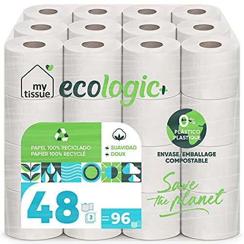 My Tissue Ecologic+ Papel higiénico doméstico, 100% celulosa reciclada: 48 rollos de 36 m. c/u; 1728 metros totales de papel de baño