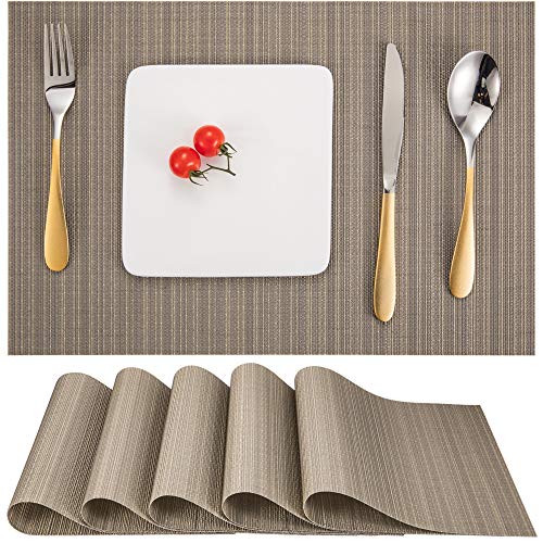 Myir JUN Salvamanteles Individuales Juego de 6, Lavables Manteles Individuales Plásticos de Vinil de Esteras, Resistentes al Calor Antideslizante Fácil de Limpiar y Impermeable 30x45cm (Plata Dorado)