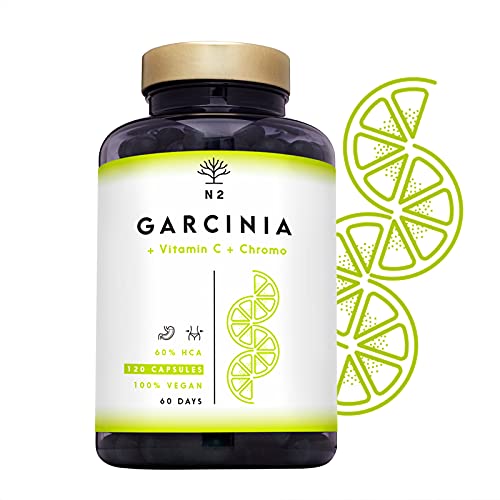 N2 Natural Nutrition Garcinia Cambogia Vitamina C-Cromo. Quemagrasas Natural Termogénico Inhibidor del apetito Adelgazante Metaboliza grasas-1150mg HCA 60% Certificado Vegano CE 120 Capsulas Vegetales
