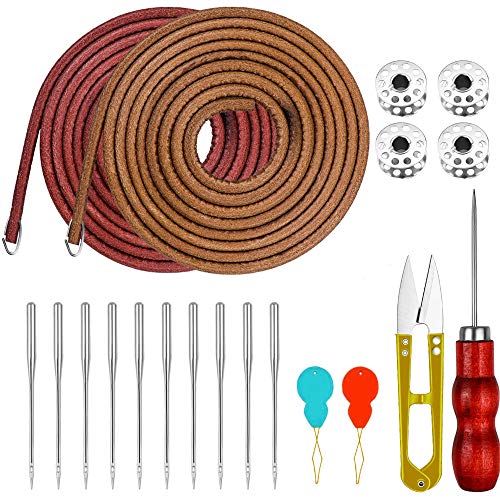 NACTECH 20Pcs Cuerda de Máquina de Coser Correa Cuero 2 Correa de Pedal de Cuero con Gancho, 4 Bobinas para Máquina de Coser, 2 Enhebradores, 10 Agujas para Máquina de Coser