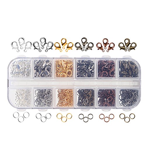 Naler - Cierres de mosquetón de 6 Colores y Anillas de Salto Abiertas de 6 Colores para la fabricación de Joyas (12 mm, 5 mm), Juego de 1020 Unidades de joyería