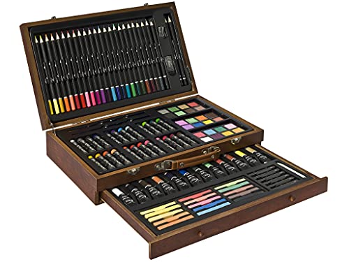Nassau Fine Art Juego de artistas, 112 piezas, maletín de pintura para adultos y niños, kit de arte de madera, incluye 24 lápices de colores, 24 ceras, 24 acuarelas, 12 pinturas acrílicas y más