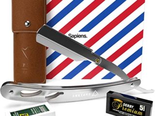 Navaja Afeitar Barbero de Sapiens Barber Shop - Navaja de Afeitar Profesional para Barba con 10 Cuchillas de Afeitar Derby (20 Cuchillas Simples) y Funda Protectora - Navaja Barbero Silver Edition