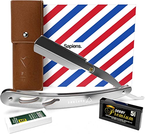 Navaja Afeitar Barbero de Sapiens Barber Shop - Navaja de Afeitar Profesional para Barba con 10 Cuchillas de Afeitar Derby (20 Cuchillas Simples) y Funda Protectora - Navaja Barbero Silver Edition