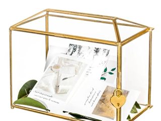 NCYP Terrario grande geométrico de cristal con ranura y cerradura de corazón, pie, oro, hecho a mano, latón, para recepción de boda, centro de recuerdos, caja de cristal y cerradura solamente