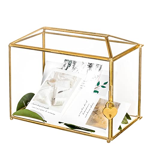 NCYP Terrario grande geométrico de cristal con ranura y cerradura de corazón, pie, oro, hecho a mano, latón, para recepción de boda, centro de recuerdos, caja de cristal y cerradura solamente