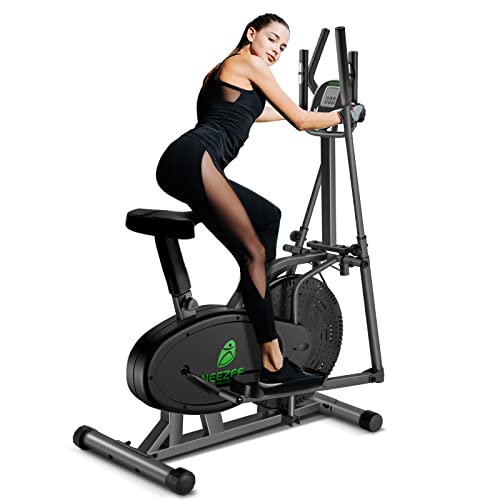 Neezee Cross Trainer, 2en1, máquina de entrenamiento elíptico, bicicleta de ejercicio con asiento y resistencia magnética ajustable y monitor LCD