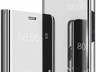 NEINEI Funda para iPhone 13 Mini,Moda Funda Flip Espejo Inteligente Caso Cuero Carcasa con Función de Soporte,PC/PU Vista Clara Protección Phone Case Cover,Plata