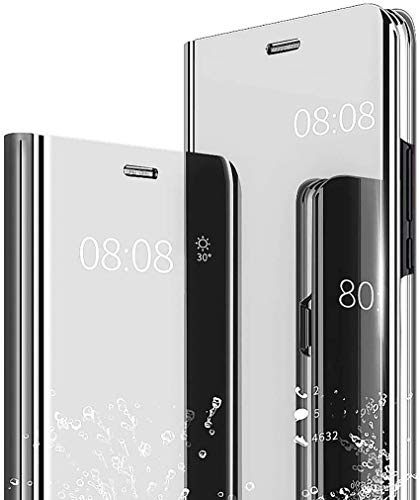 NEINEI Funda para iPhone 13 Mini,Moda Funda Flip Espejo Inteligente Caso Cuero Carcasa con Función de Soporte,PC/PU Vista Clara Protección Phone Case Cover,Plata