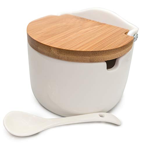 NERTHUS FIH 560 Salero De Porcelana con Tapa De Madera Y Cuchara, Acero Inoxidable, Blanco