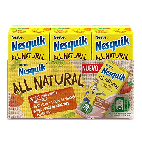 NESTLE NESQUIK All Natural batido de fresa con leche y azúcar moreno de caña integral Sin Gluten pack 3 briks 180 ml