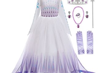 New front Niña Disfraz Princesa Elsa con Capa Vestido de Frozen Reina 2 Costume Manga Larga Traje Parte de Fiesta Cumpleaños Navidad Halloween Cosplay Fancy Dress con Accesorios 3-9 años