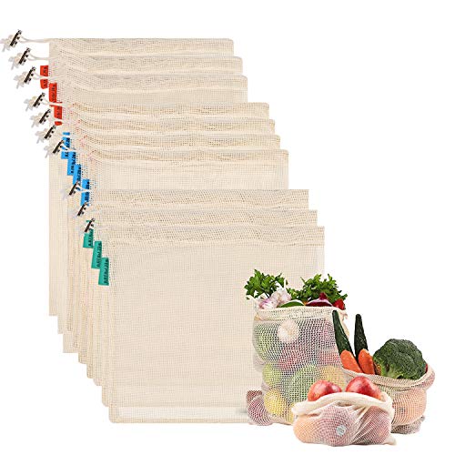 NEWSTYLE Bolsa de Producción Reutilizable,Juego de 10 Bolsas de Malla Reutilizables Perfectas para Productos Frescos, Frutas y Verduras,Lavable y Libre de BPA, 3 Tamaños (3*S, 4*M, 3*L)