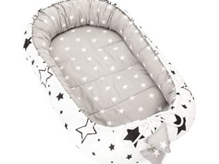 Nido bebe - De dos caras Reductor de cuna cojin bebe 90x50 cm Algodón Certificado Oeko-Tex Gris Blanco con Estrellas Negras