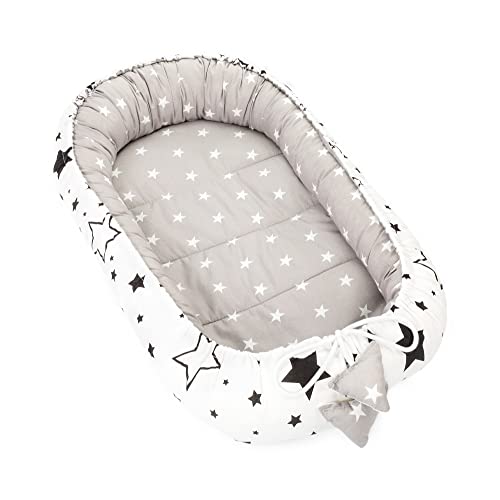 Nido bebe - De dos caras Reductor de cuna cojin bebe 90x50 cm Algodón Certificado Oeko-Tex Gris Blanco con Estrellas Negras