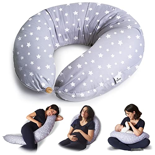 Niimo Cojin Lactancia Bebe y Almohada Embarazada Dormir XXL Multifuncion Funda Cojin 100% Algodon Desenfundable y Lavable Relleno de Poliester Multiusos Maternidad (Gris-Estrella Blanca)