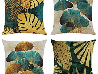 NIULAA Fundas de Cojín 45x45 cm Set de 4 Fundas de Cojines de Hojas Verdes y Doradas Fundas Cojines de sofá de Lino para Sala de Estar Fundas de Almohada Cuadradas