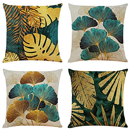 NIULAA Fundas de Cojín 45x45 cm Set de 4 Fundas de Cojines de Hojas Verdes y Doradas Fundas Cojines de sofá de Lino para Sala de Estar Fundas de Almohada Cuadradas