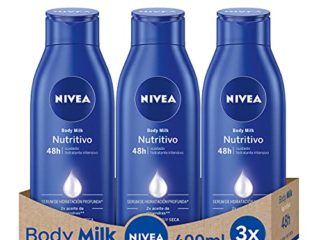 NIVEA Body Milk Nutritivo en pack de 3 (3 x 400 ml), leche corporal para una hidratación profunda durante 48 h, crema hidratante corporal con aceite de almendras