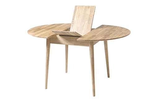 NordicStory Escandi 5 Mesa de Comedor Extensible Redonda 110-145 cm de Madera Maciza Roble, Ideal para Cocina Salon, Muebles Estilo Nordico Escandinavo Color (Roble Blanqueado)