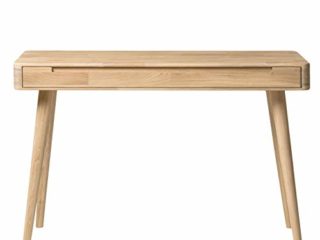 NORDICSTORY Escritorio con 1 Cajon Escandi, Madera Maciza Roble, Mesa Consola Tocador para Ordenador, Estudio Hogar Despacho Dormitorio, Diseno Original Estilo Nordico o Retro (Roble Blanqueado)