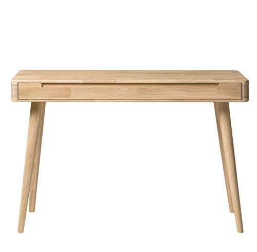 NORDICSTORY Escritorio con 1 Cajon Escandi, Madera Maciza Roble, Mesa Consola Tocador para Ordenador, Estudio Hogar Despacho Dormitorio, Diseno Original Estilo Nordico o Retro (Roble Blanqueado)
