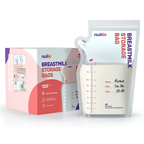 Nuliie 120 Uds Bolsas Almacenamiento de Leche Pre-esterilizadas, 250ml Bolsa Para Leche Materna con Boquilla Dispensadora, Libre de BPA, Bolsa Auto-Portante, Ahorro de Espacio