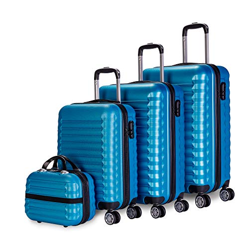 NUMADA-Juego de Maletas Rígidas 4pzs. Mod. Newteck Maleta Cabina 53cm, M. Mediana 63cm, M. Grande 75cm y Neceser. Set de Maletas de Viaje ABS Eco Friendly, 4 Ruedas Dobles, Cierre Combinación (Azul)