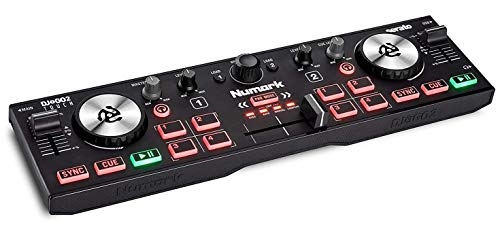 Numark DJ2GO2 Touch - Controlador DJ USB compacto de 2 canales para Serato DJ con mezclador / crossfader, interfaz de audio y jog wheels de sensibilidad táctil