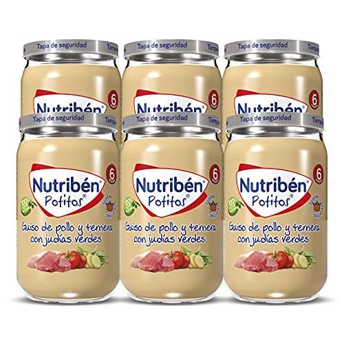 Nutribén Potitos De Guiso De Pollo Y Ternera con Judías Verdes, Desde los 6 Meses, Pack 6 x 235gr