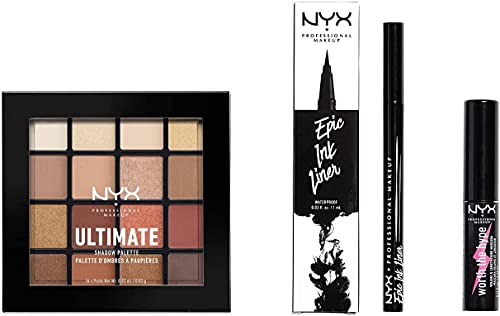 NYX Professional Makeup Set de maquillaje de ojos Eye Look Kit, Epic Ink Liner, Máscara de pestañas Worth The Hype, Paleta de sombra de ojos Ultimate Shadow Palette - Warm Neutrals