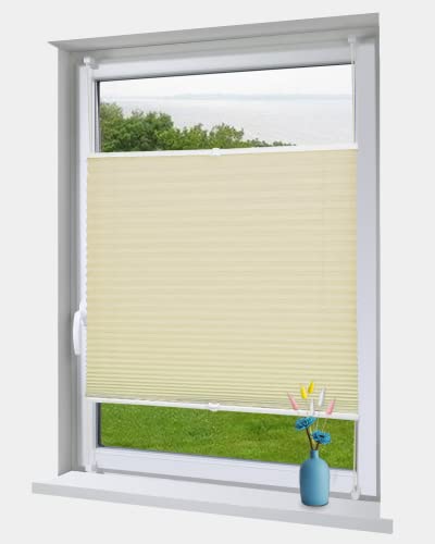 OBdeco Estor plisado (fijación sin agujeros, translúcido, para ventanas y puertas, Easyfix, 90 x 200 cm), color crema