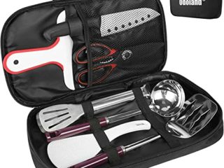 Odoland Juego de Cocina para Acampar, Utensilios de Cocina con Pinzas Cocina, Tijeras, Cuchillo, Cucharón de Arroz, Espátula Perforada, Cuchara de Sopa, Tabla de Cortar, Negro